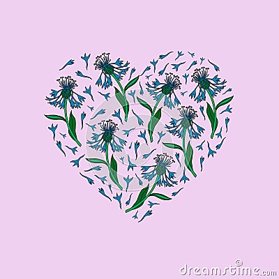 Heart shape made of flowers and petals for a greeting card. Celebrate your birthday, Valentine`s Day. Romantic postcard. Vector i Vector Illustration